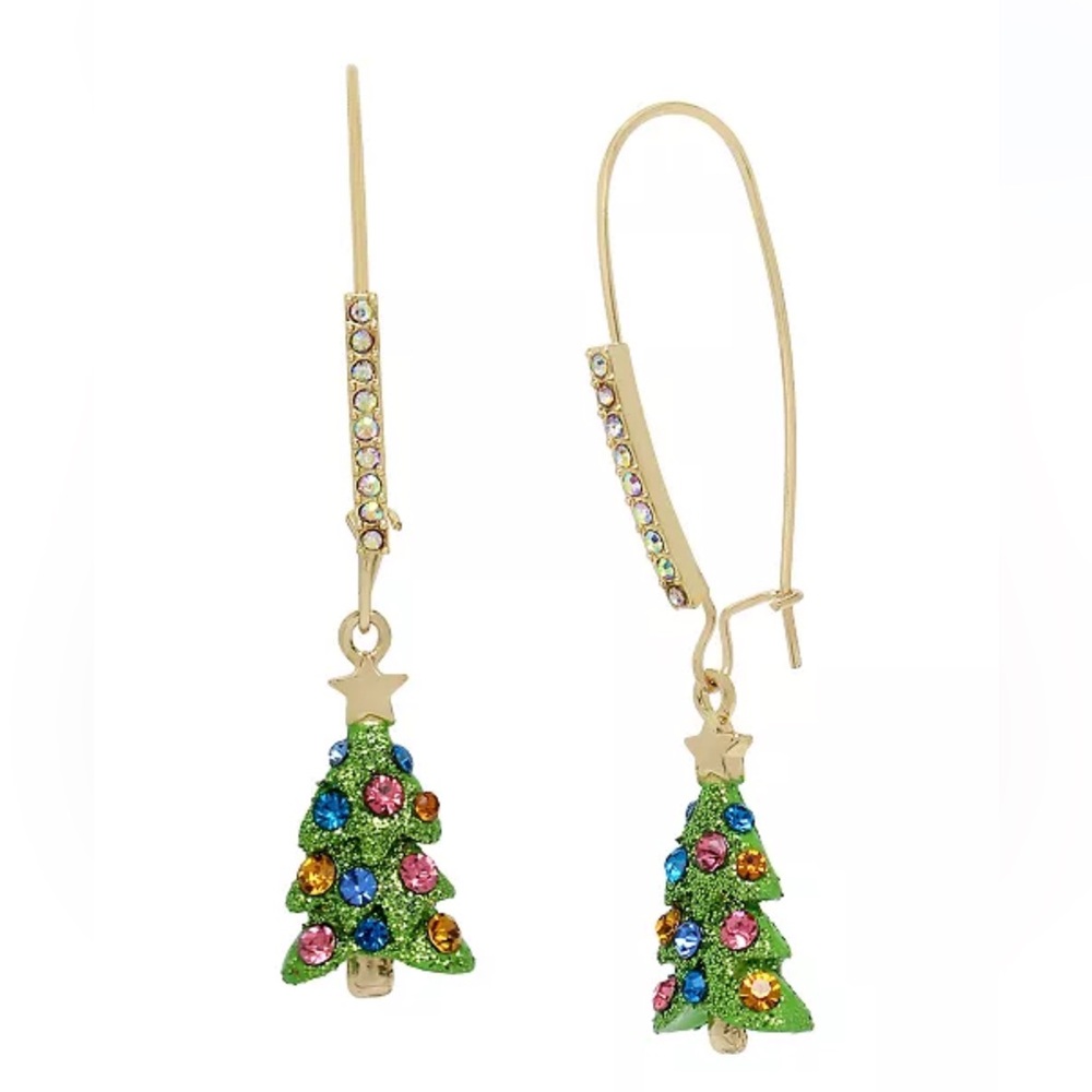 Betsey Johnson Faux Stone Jingle Bell Bling Christmas Tree Dangle Earrings